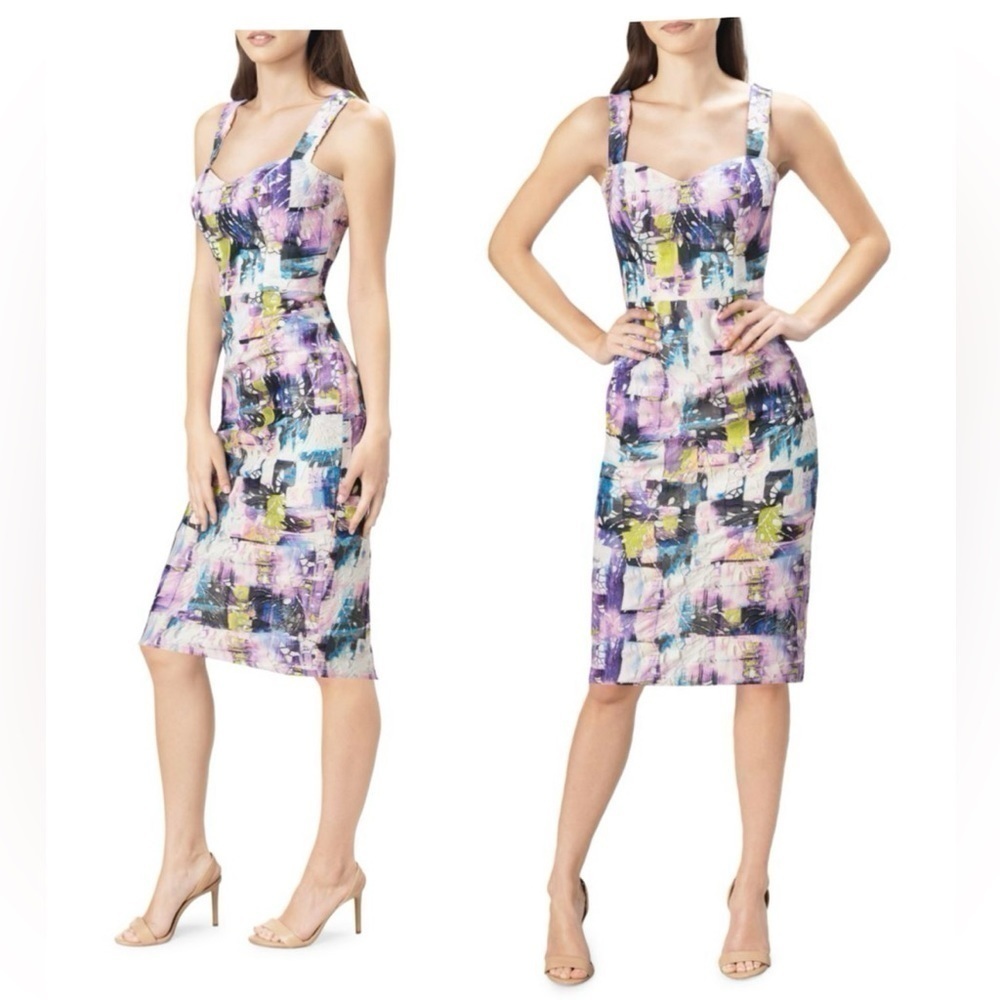 DRESS THE POPULATION Nicole Pastel Print Sweetheart Neckline Sheath Midi Dress